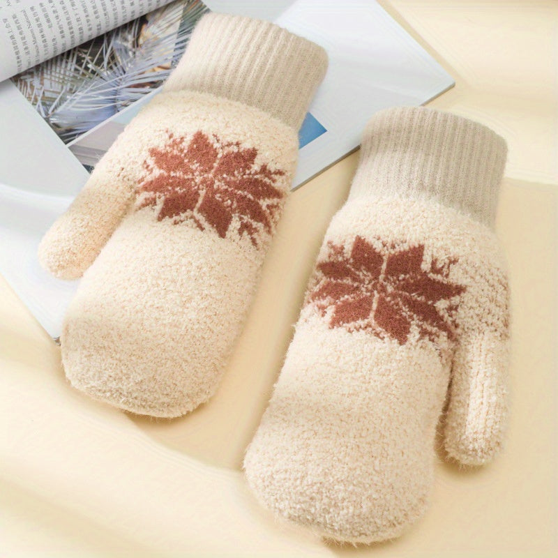 1 Pair Cashmere-Blend Knitted Mittens - Soft Beige Snowflake Design Winter Gloves, Thick Warm & Windproof for Outdoor Use, Hand Wash or Dry Clean, Winter Clothes